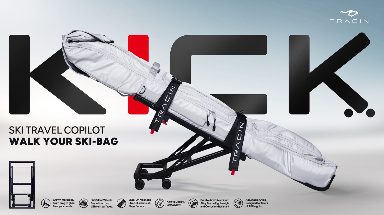 KICK rolling carrier strapped to a ski bag